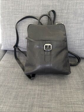 Spikes&Sparrow Black Leather Mini Backpack with Buckle Strap